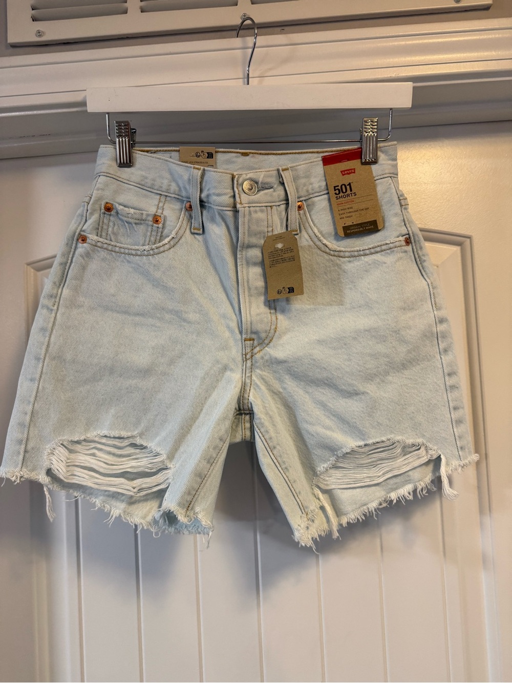 Levi's Light Blue 501 Ripped Denim Shorts